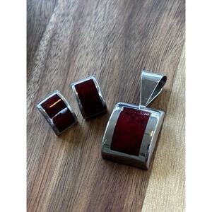 Sterling Silver 925 Necklace Pendant and Earrings Set Red Jasper